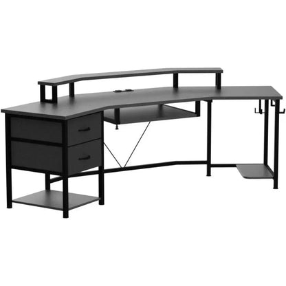 79" Gaming Desk, Computer Desk with 2 Fabric Drawers & LED Light, L Shaped Gaming Desk with Storage Shelf, Carbon Fiber Black