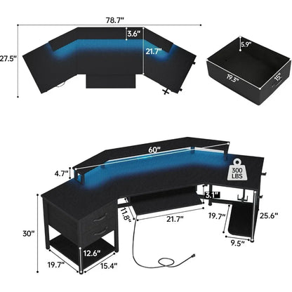 79" Gaming Desk, Computer Desk with 2 Fabric Drawers & LED Light, L Shaped Gaming Desk with Storage Shelf, Carbon Fiber Black