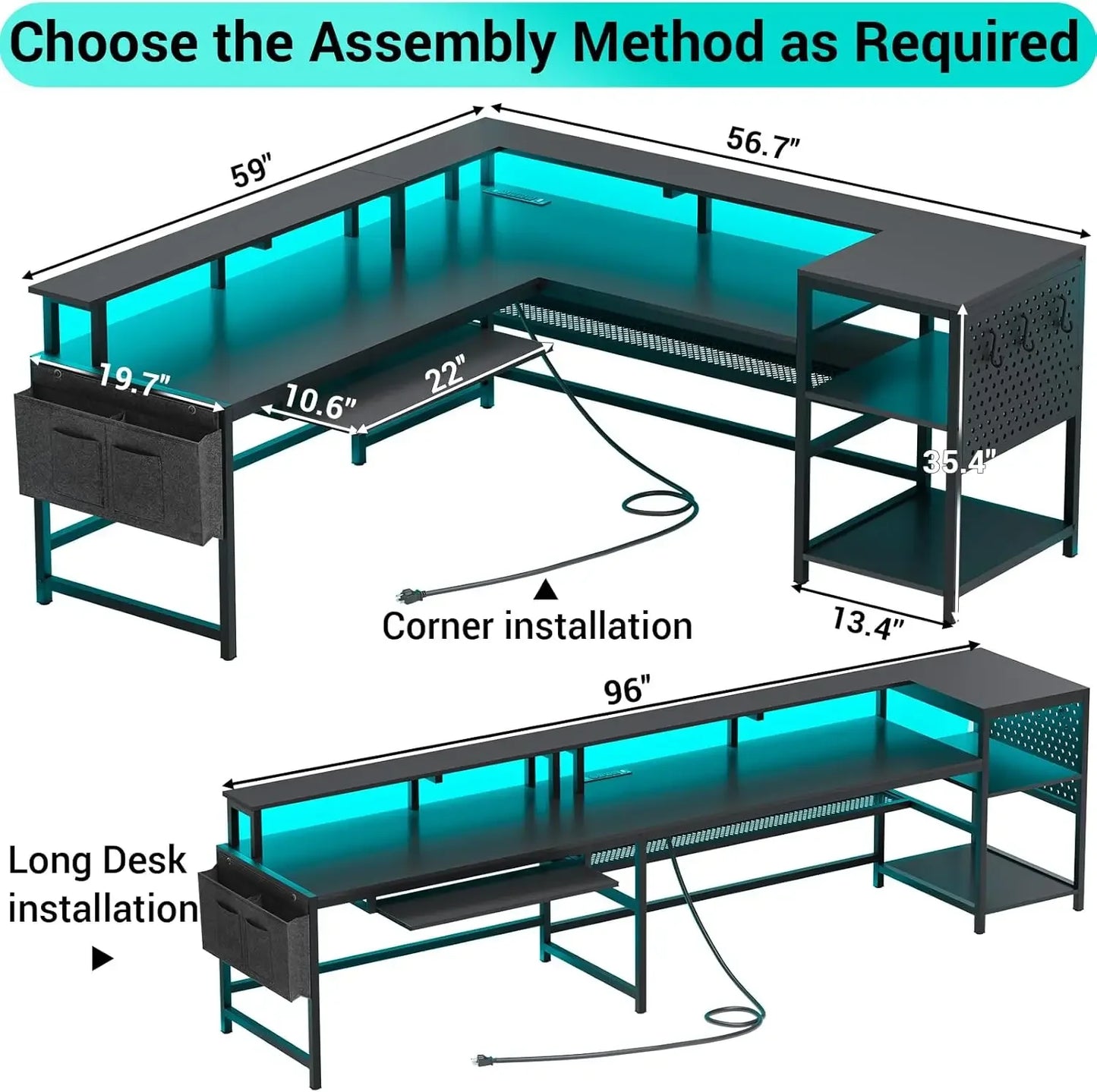 SEDETA L Shaped Gaming Desk, Reversible Computer Desk, Gaming Desk with Power Outlets & LED Strip, Monitor Shelf