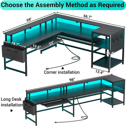 SEDETA L Shaped Gaming Desk, Reversible Computer Desk, Gaming Desk with Power Outlets & LED Strip, Monitor Shelf