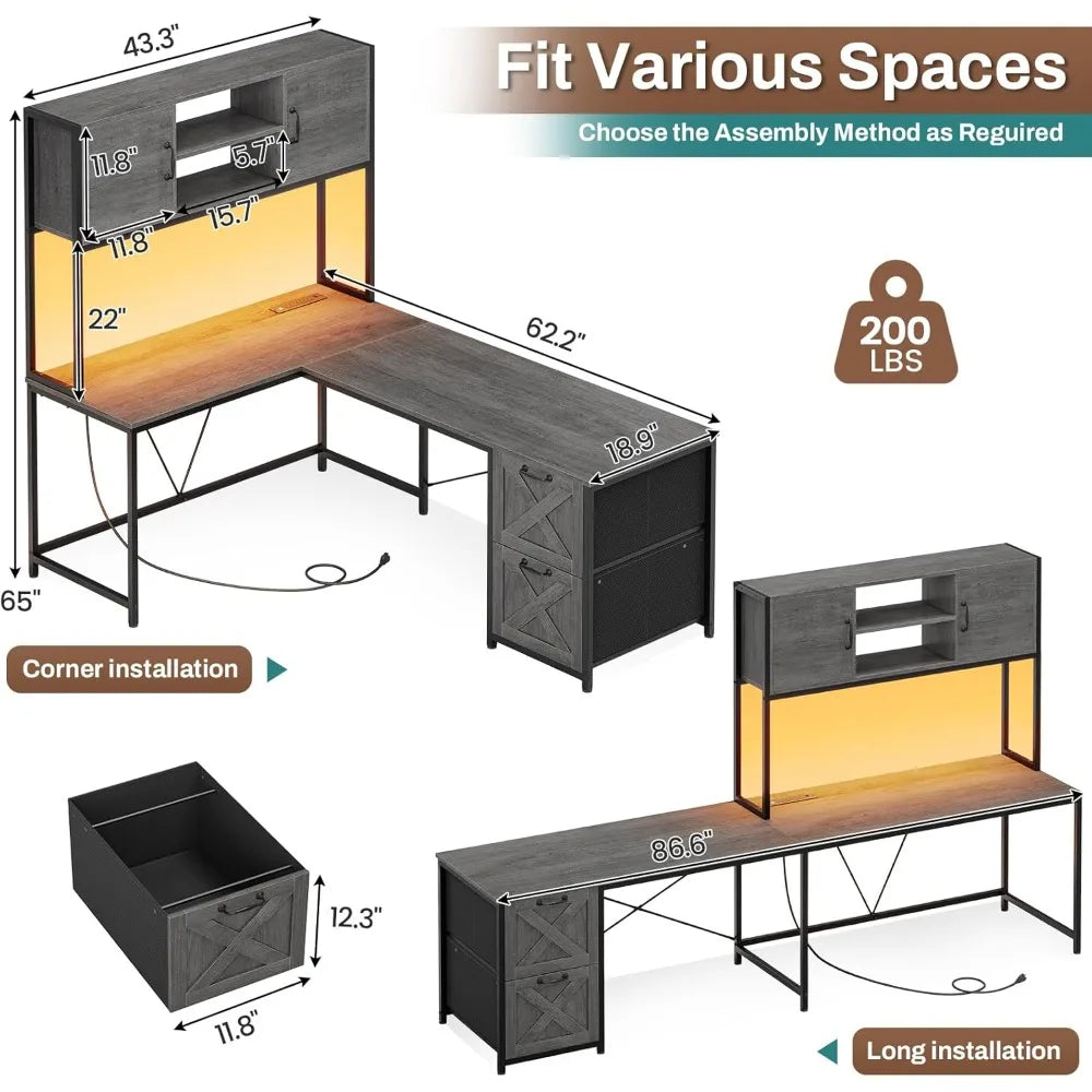 L Shaped Gaming Desk, Reversible Computer Desk with Fabric Drawers and Power Outlet, Gaming Desk with Led Lights