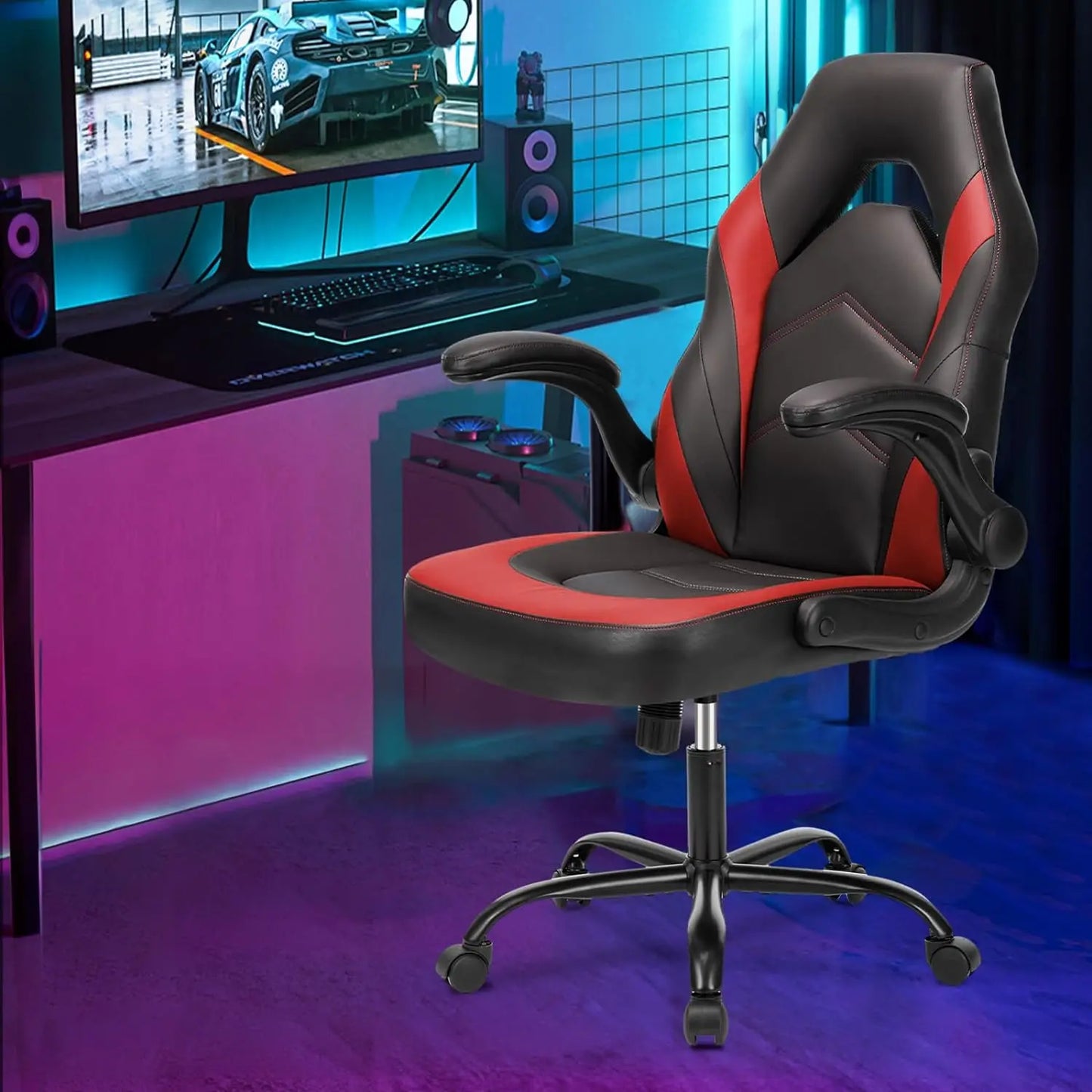 Computer gaming table and chair - ergonomically adjustable rotating PU leather racing chair for office administration tasks