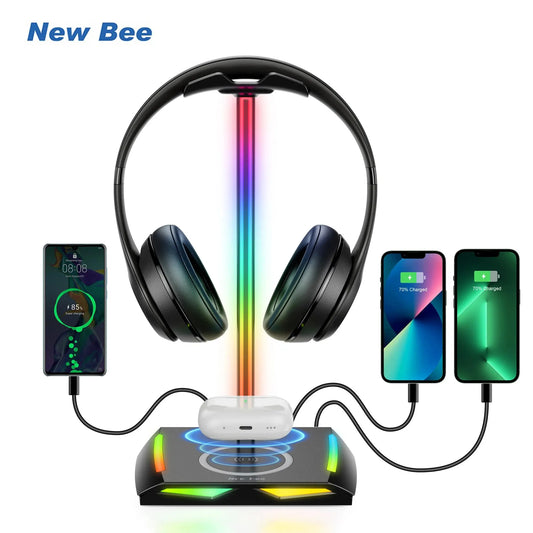 New Bee Z12 RGB Headset Stand Holder with Wireless Charger Base Desk Gaming Headphones Holder Non-Slip Rubber Base