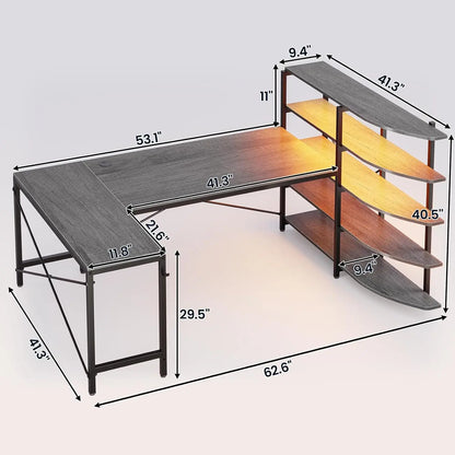 SEDETA L Shaped Gaming Desk, 62.6'' Corner Computer Desk with Storage Shelves, U Shaped Gaming Desk with LED Lights,