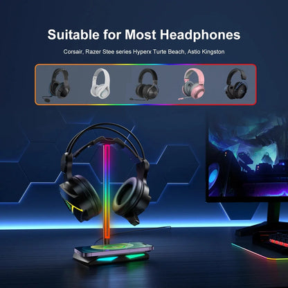 New Bee Z12 RGB Headset Stand Holder with Wireless Charger Base Desk Gaming Headphones Holder Non-Slip Rubber Base