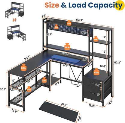 L Shaped Gaming Desk with Shelves, Reversible Computer Desk with Power Outlets LED Light, Home Office Desk with Monitor Stand St