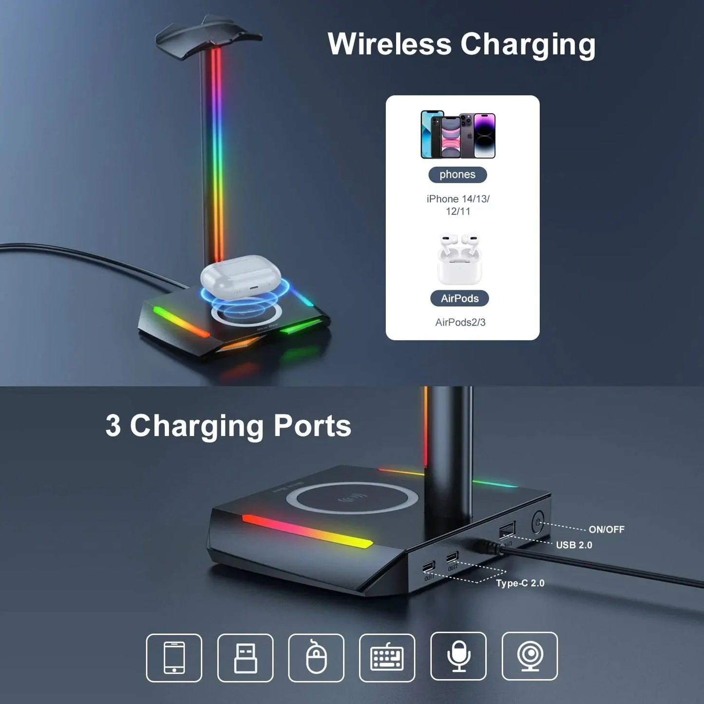 New Bee Z12 RGB Headset Stand Holder with Wireless Charger Base Desk Gaming Headphones Holder Non-Slip Rubber Base